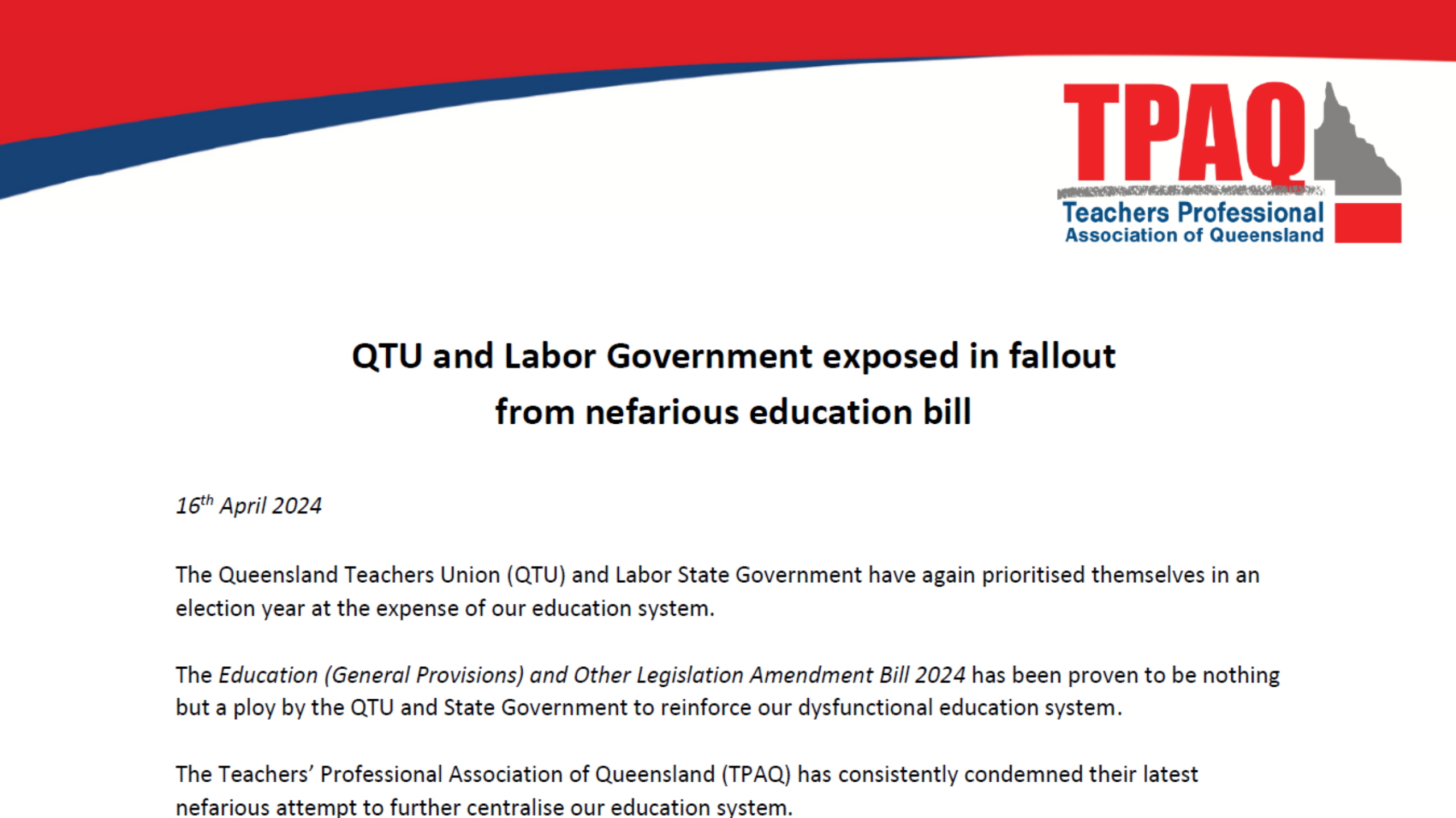 QTU and Labor Government exposed in fallout from nefarious education bill