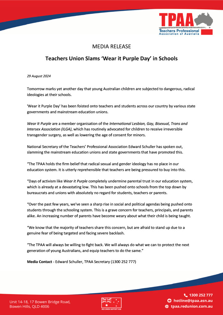 Media Release: Teachers Union Slams ‘Wear it Purple Day’ in School